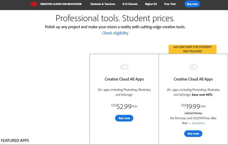 adobe cloud student pricing
